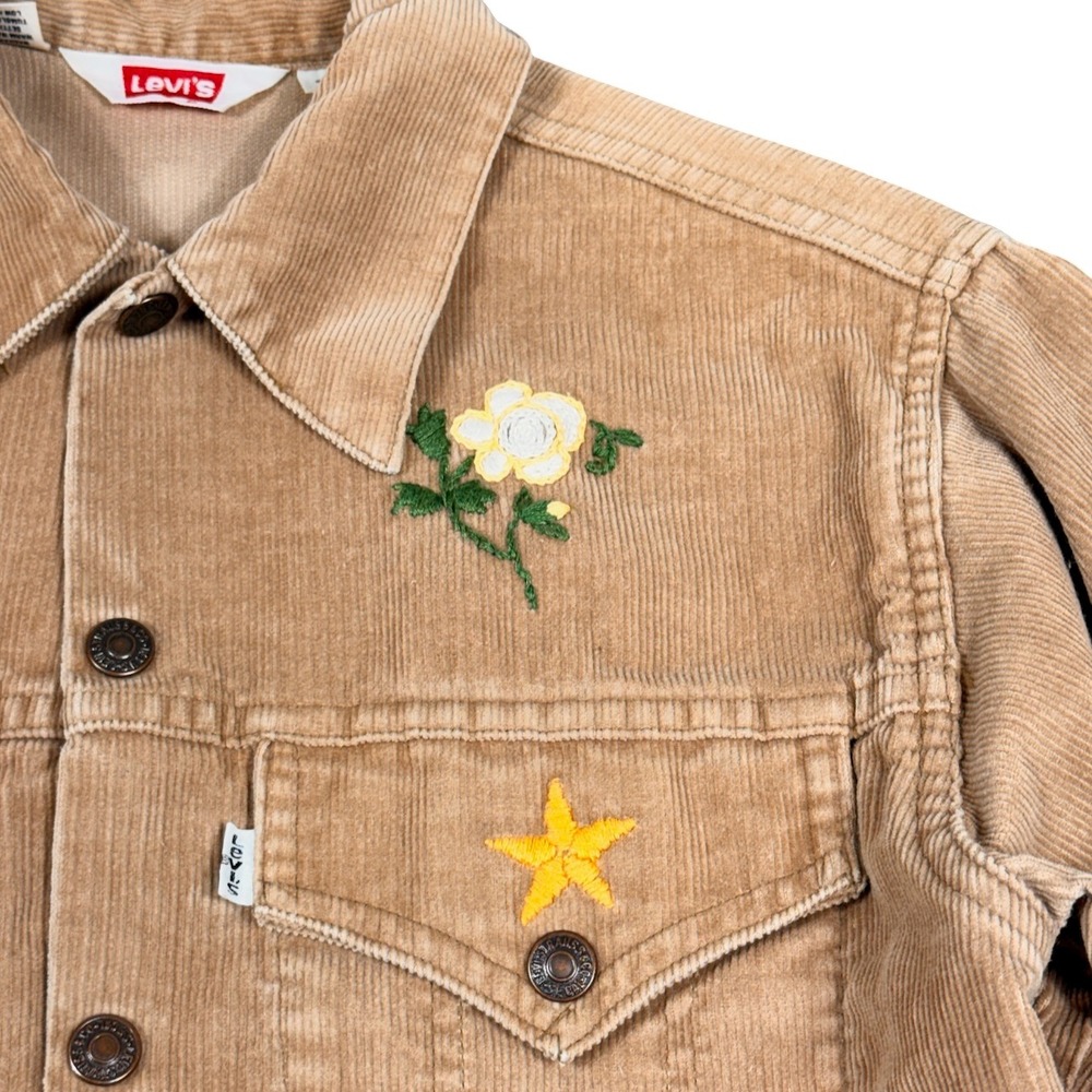 Levis OOAK Corduroy Trucker Jacket Girls 16 Women XS Boho Hand Embroidered Khaki